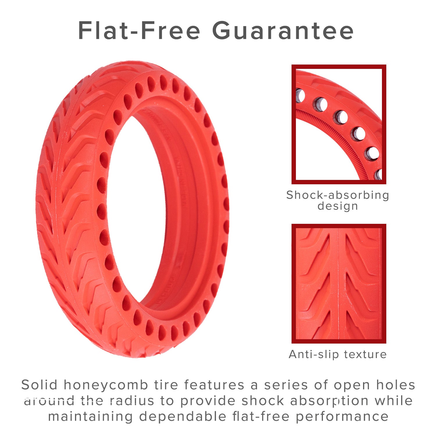 8.5 x 2 Solid Honeycomb Tire for the Xiaomi Mi M365 Electric Scooter, featuring open holes around the radius for shock absorption and flat-free performance.