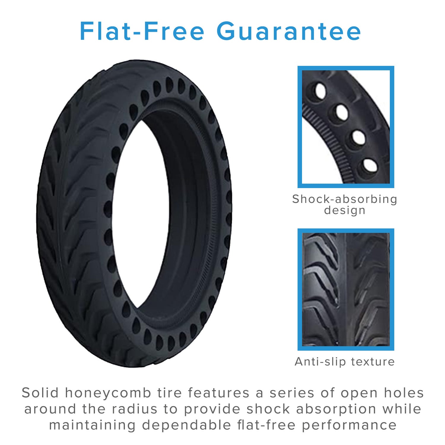 8.5 x 2 Solid Honeycomb Tire for the Xiaomi Mi M365 Electric Scooter, featuring open holes around the radius for shock absorption and flat-free performance.