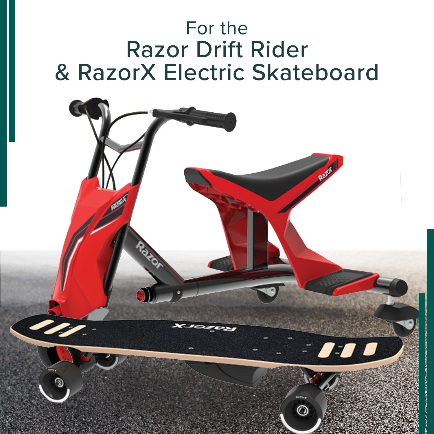 22 Volt 0.5 Amp Coaxial Battery Charger for Razor Drift Rider & RazorX Electric Skateboards, featuring a charger with a multi-color LED indicator and a coaxial connector visible on a black surface.