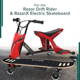 22 Volt 0.5 Amp Coaxial Battery Charger for Razor Drift Rider & RazorX Electric Skateboards, featuring a charger with a multi-color LED indicator and a coaxial connector visible on a black surface.