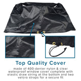 Clear Tiller Cover for Mobility Scooters showing a close-up of a black bag-like cover with a clear panel, designed to protect scooter controls from weather and dust while allowing visibility during use.