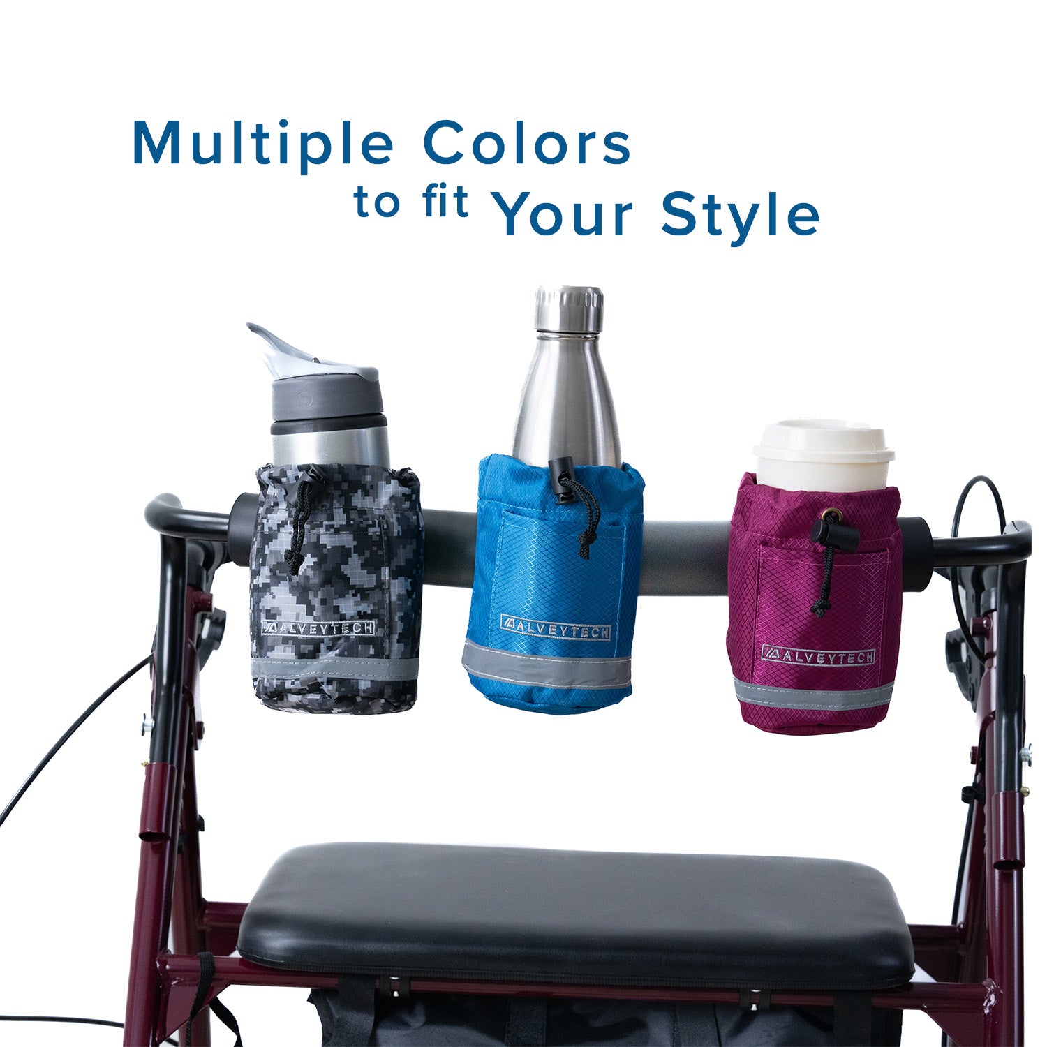 Unbreakable Universal Cup Holder for Mobility Scooters, Power Chairs, & Wheelchairs, featuring a sturdy 400D ripstop nylon construction with PEVA foam insulation, attached to an armrest holding a water bottle securely.