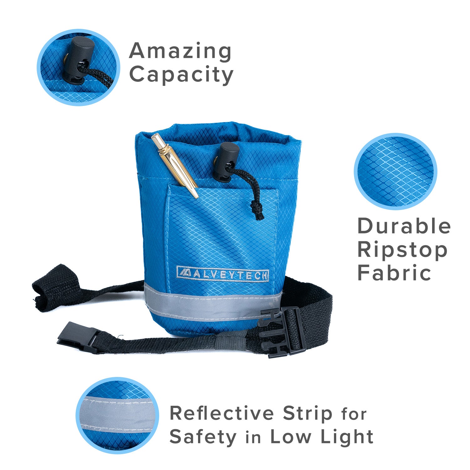 Unbreakable Universal Cup Holder for Mobility Scooters, Power Chairs, & Wheelchairs, featuring a durable blue fabric with a strap, and a pen in the pouch for added convenience.