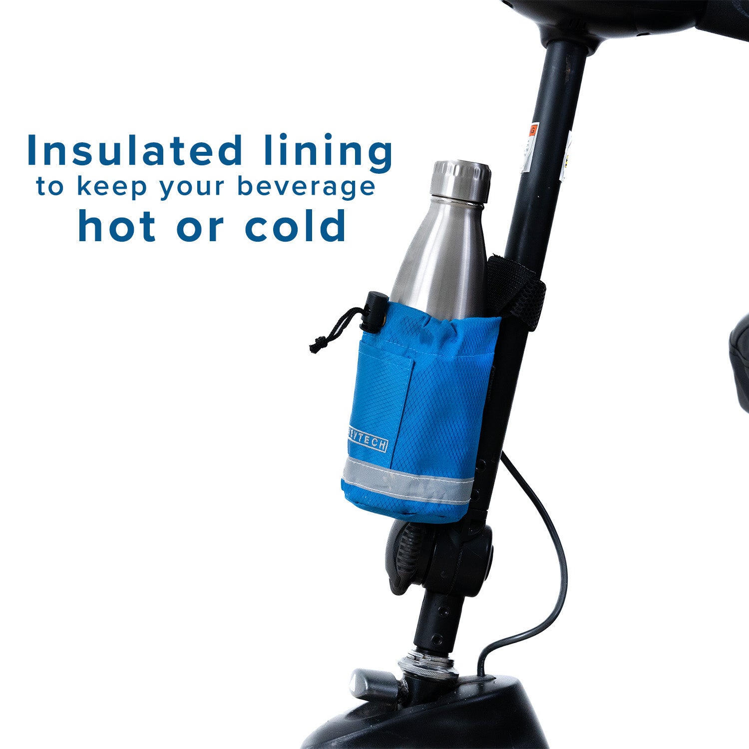 Unbreakable Universal Cup Holder for Mobility Scooters, Power Chairs, & Wheelchairs shown mounted on handlebars, securely holding a water bottle in a blue fabric pouch with Quick-clip pinch buckles.