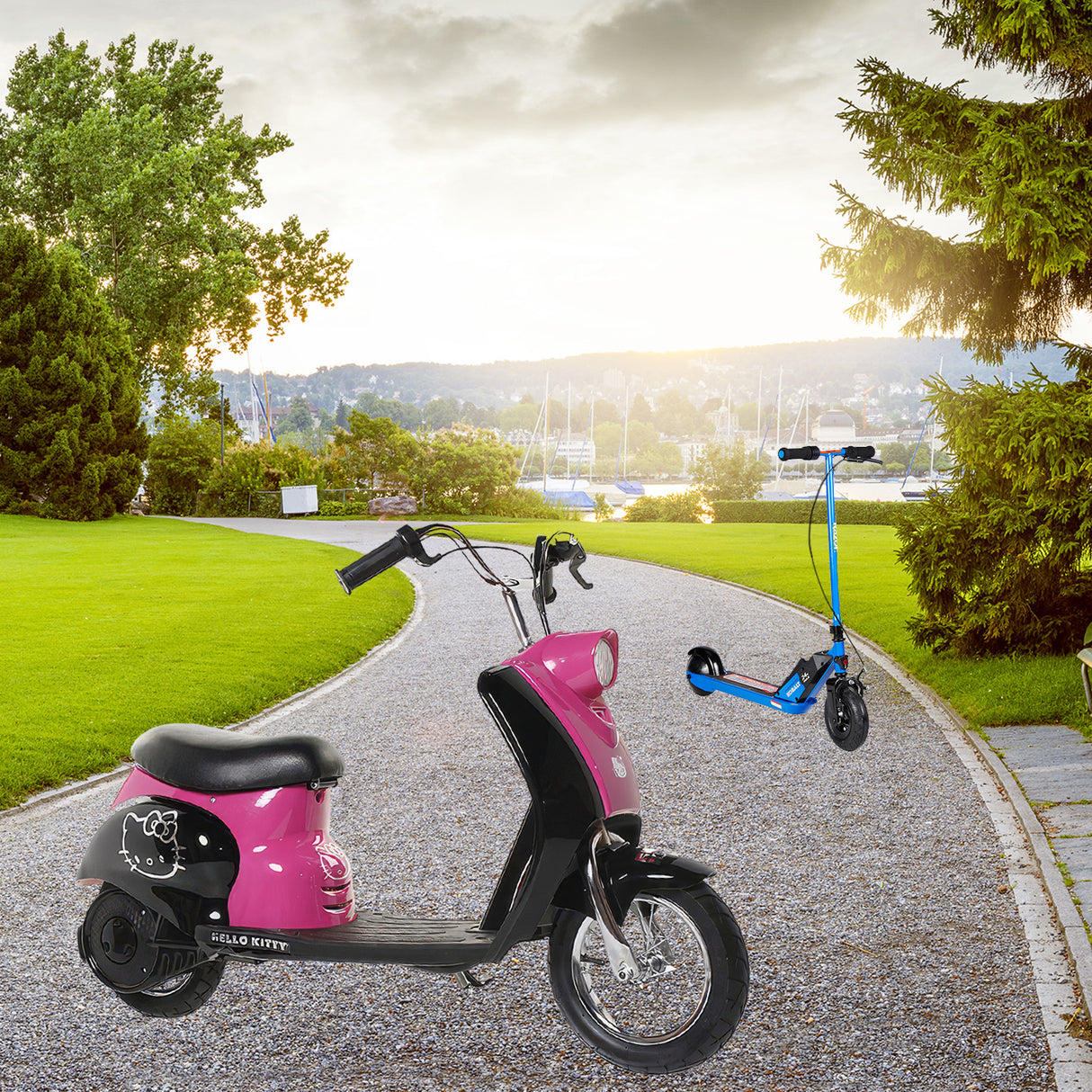 Handlebar Grip Set for the Razor Dirt Quad 500 (Version 1+) displayed on a paved path, showcasing the grips on a scooter handlebar and emphasizing their secure fit and quality construction.