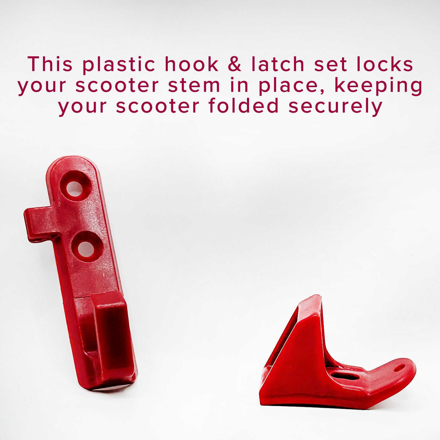 Plastic Hook & Latch Set for GOTRAX GXL V2 & XR Ultra Electric Scooters, featuring a long stem hook and a smaller latch, both designed to secure the scooter’s handlebar stem when folded.