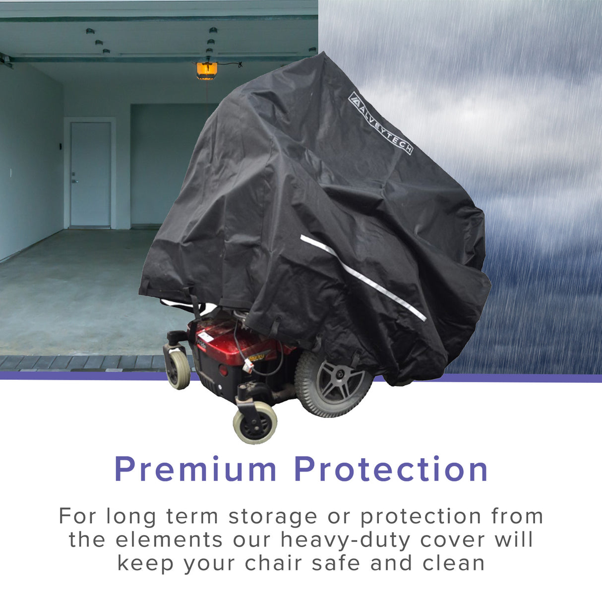 Heavy Duty Weatherproof Cover for Power Chairs, shown covering a wheelchair, featuring durable 400-denier nylon, grommets with draw cord, and a reflective strip for added visibility.