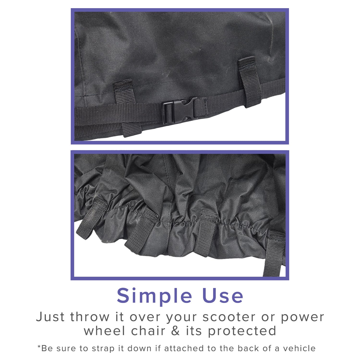 Close-up of the Heavy Duty Weatherproof Cover for Power Chairs, showcasing its black, durable 400-denier nylon material with grommets and draw cord for secure fitting.