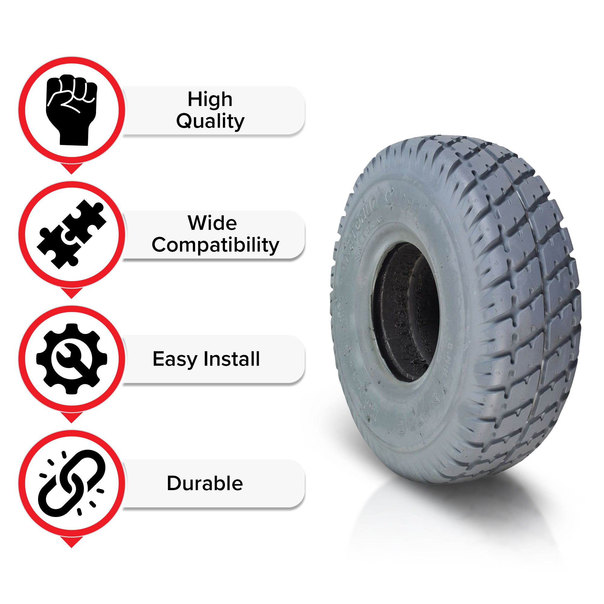 3.00-4 (10x3, 260X85) Foam-Filled Mobility Tire (2-5/8 Bead Width) with Durotrap C9210 Tread, featuring a hole in the center and text above it, ideal for scooters.