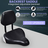 Backrest Saddle Seat for Bikes & Scooters featuring a black seat with an integrated adjustable black backrest, designed to fit most standard 7/8 seat posts for enhanced riding comfort.