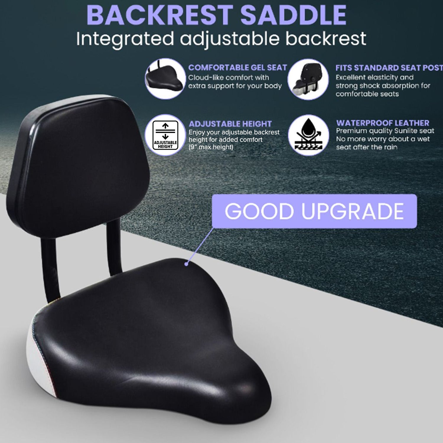 Backrest Saddle Seat for Bikes & Scooters (Blemished) with an adjustable black backrest and cushion, designed for enhanced comfort on various bike models with standard 7/8 seat posts.