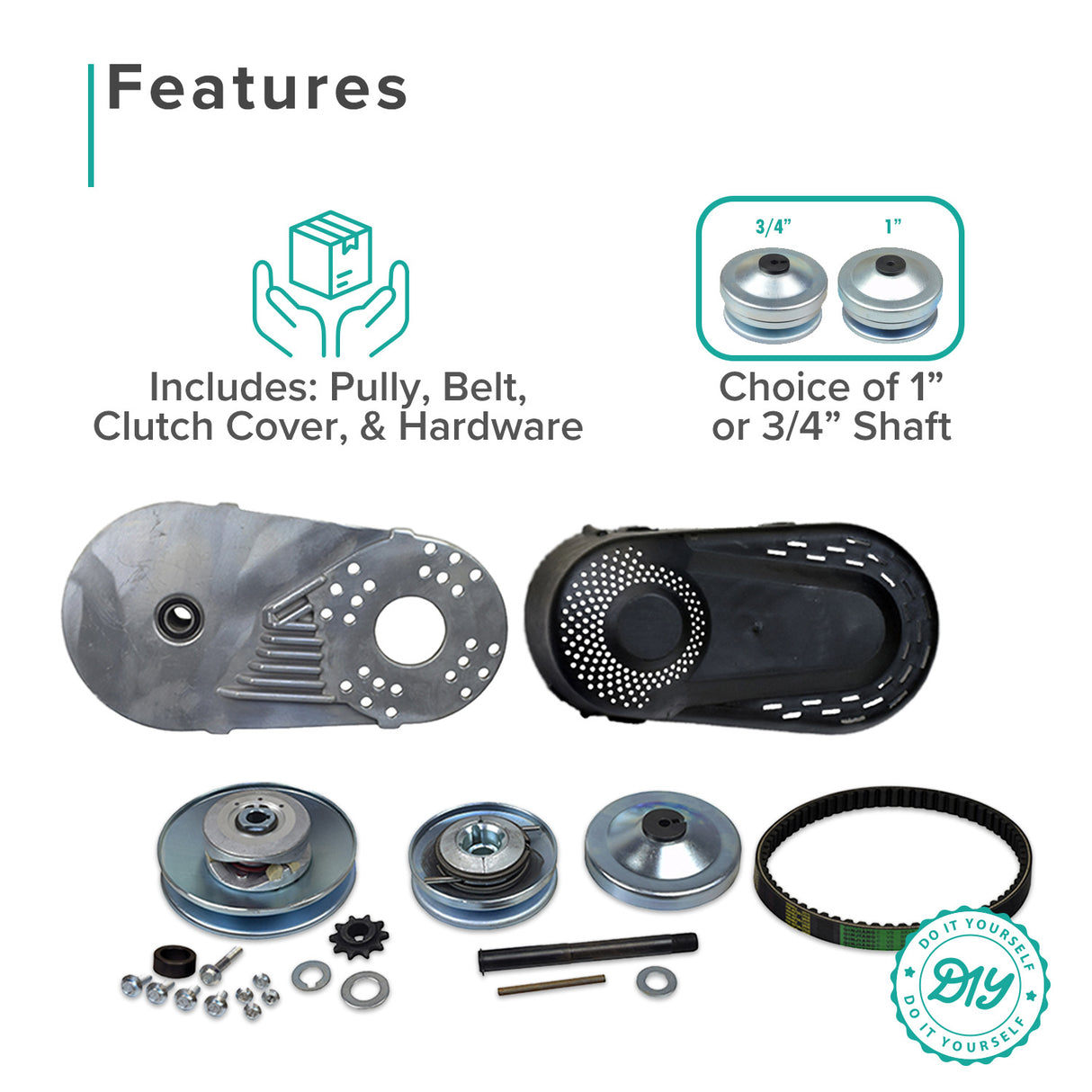 3/4 - 1 Bore 40/41/420 Chain Torque Converter Kit for Go Karts (Comet Series 30 TAV2 Replacement) showing various parts including a black plastic cover, metal pieces, pulley, and go-kart drive belt.