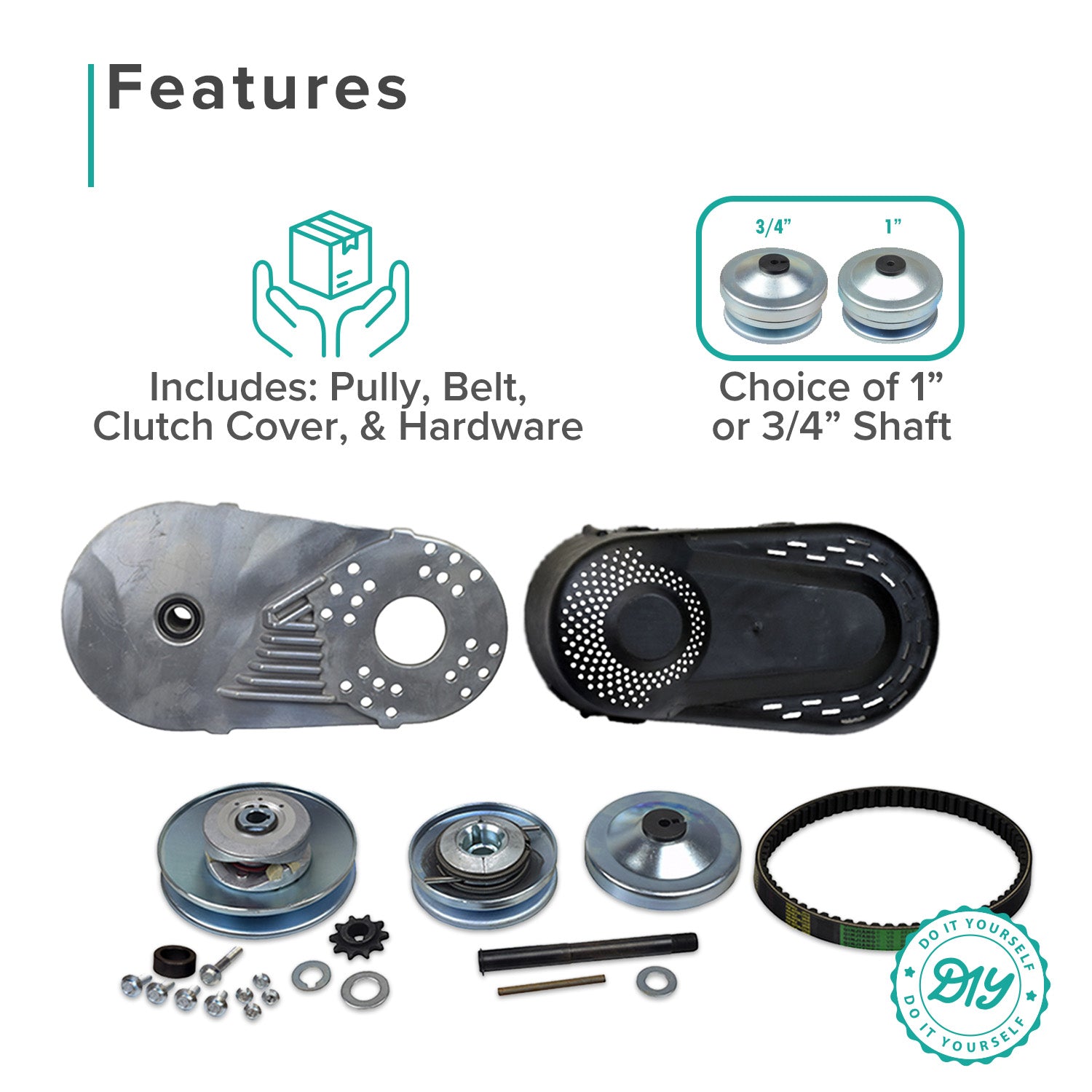 3/4 - 1 Bore 40/41/420 Chain Torque Converter Kit for Predator 6.5 Hp & 8.0 Hp Engines, featuring various machine parts, close-ups of metal pieces, a black plastic cover, and a pulley.