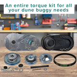 3/4 - 1 Bore 40/41/420 Chain Torque Converter Kit for Go Karts (Comet Series 30 TAV2 Replacement) displayed with various metal parts, including a black cover, driven pulley, and asymmetric drive belt.