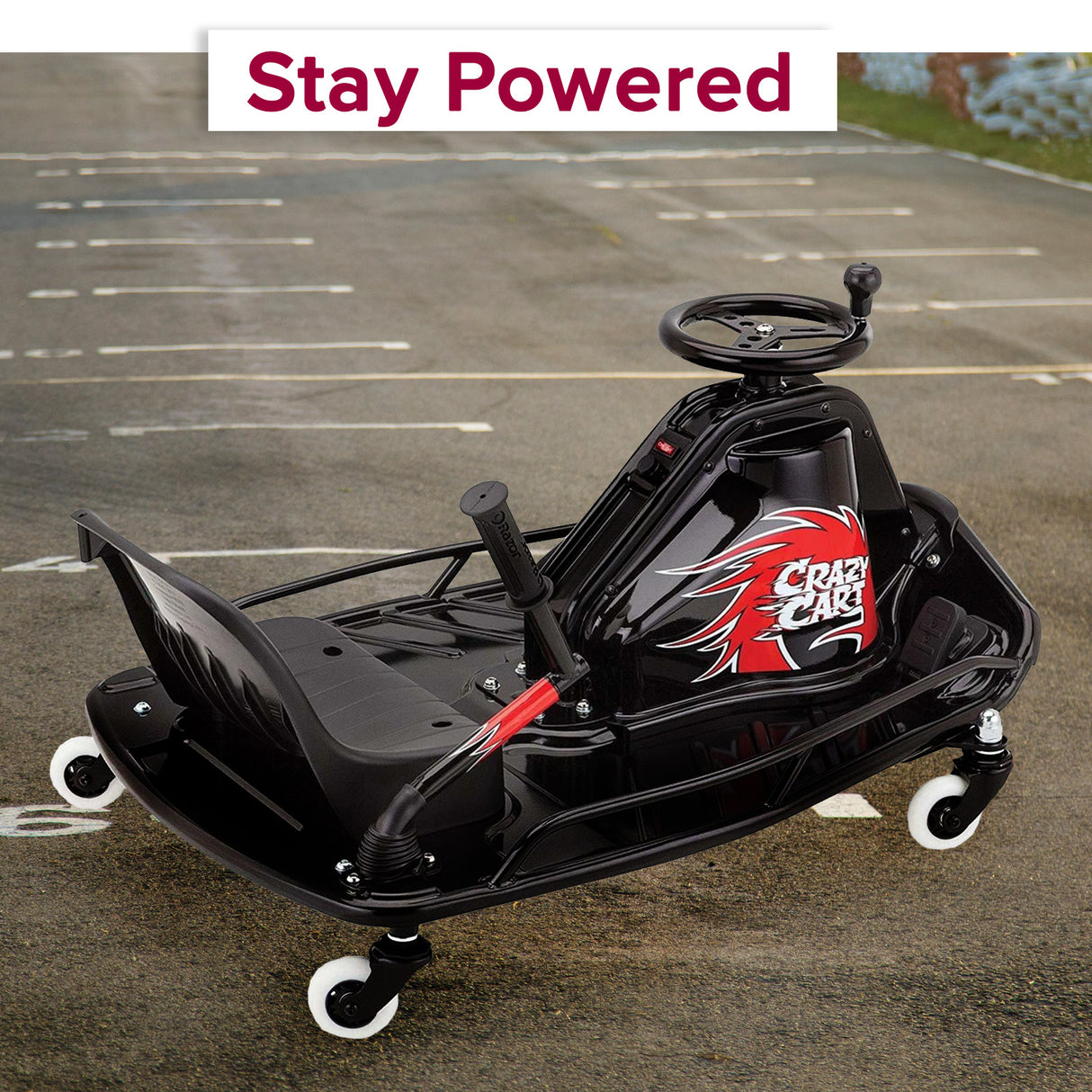 24 Volt Battery Pack for the Razor Crazy Cart (All Versions) featuring two 12 Volt 5 Ah batteries with white wheels, red and black vehicle details, and visible wiring harness.