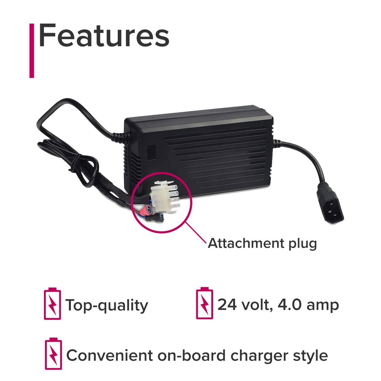 24 Volt 4.0 Amp On-Board Battery Charger for Rascal Scooters and Power Chairs, a black electronic device with attached wires, designed to conveniently recharge various Rascal scooter models.