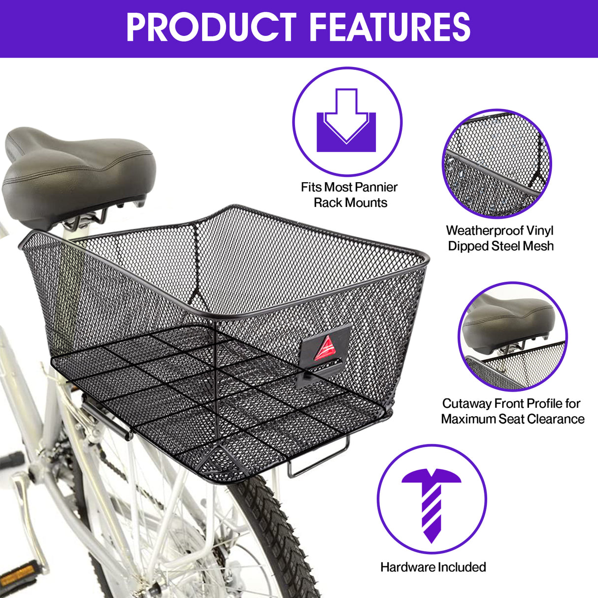 Market-Style Rear Basket for Bicycles (Axiom) mounted on a bike's rear rack, featuring a sturdy vinyl-dipped steel wire mesh construction with a cut-away section for seat clearance and 55 lb. capacity.