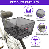 Market-Style Rear Basket for Bicycles (Axiom): A sturdy, open-top mesh basket mounted on a bicycle's rear rack, featuring a vinyl-dipped steel wire construction and a cut-away section for seat clearance.