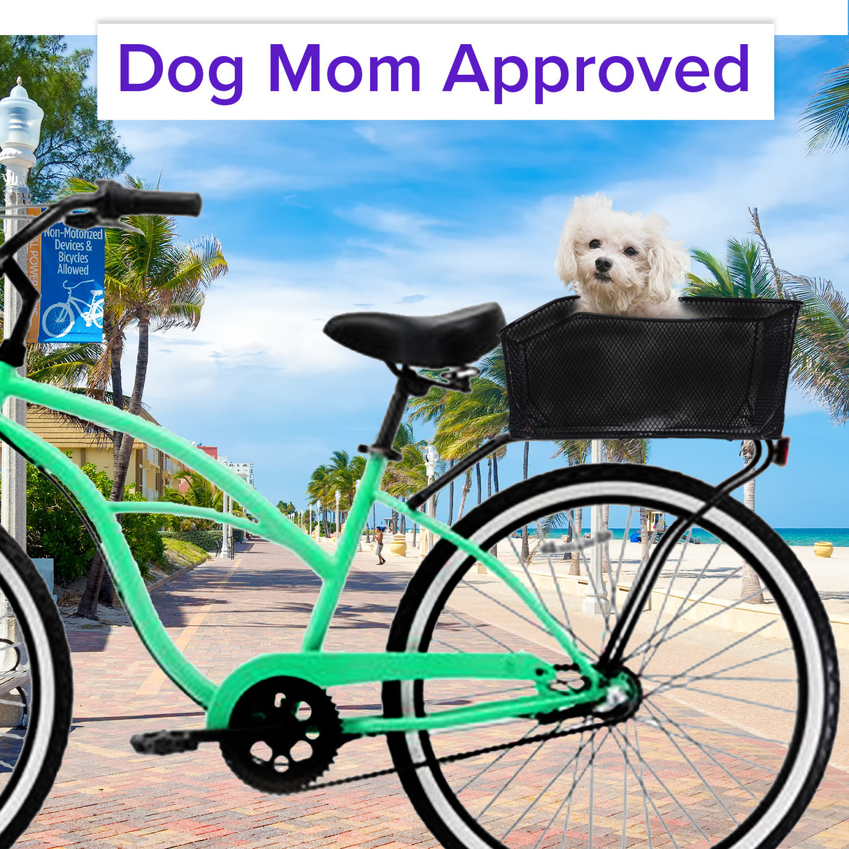 Market-Style Rear Basket for Bicycles (Axiom) mounted on a bicycle with a fluffy white dog sitting inside, highlighting its durable vinyl-dipped steel wire mesh construction and open-top design.