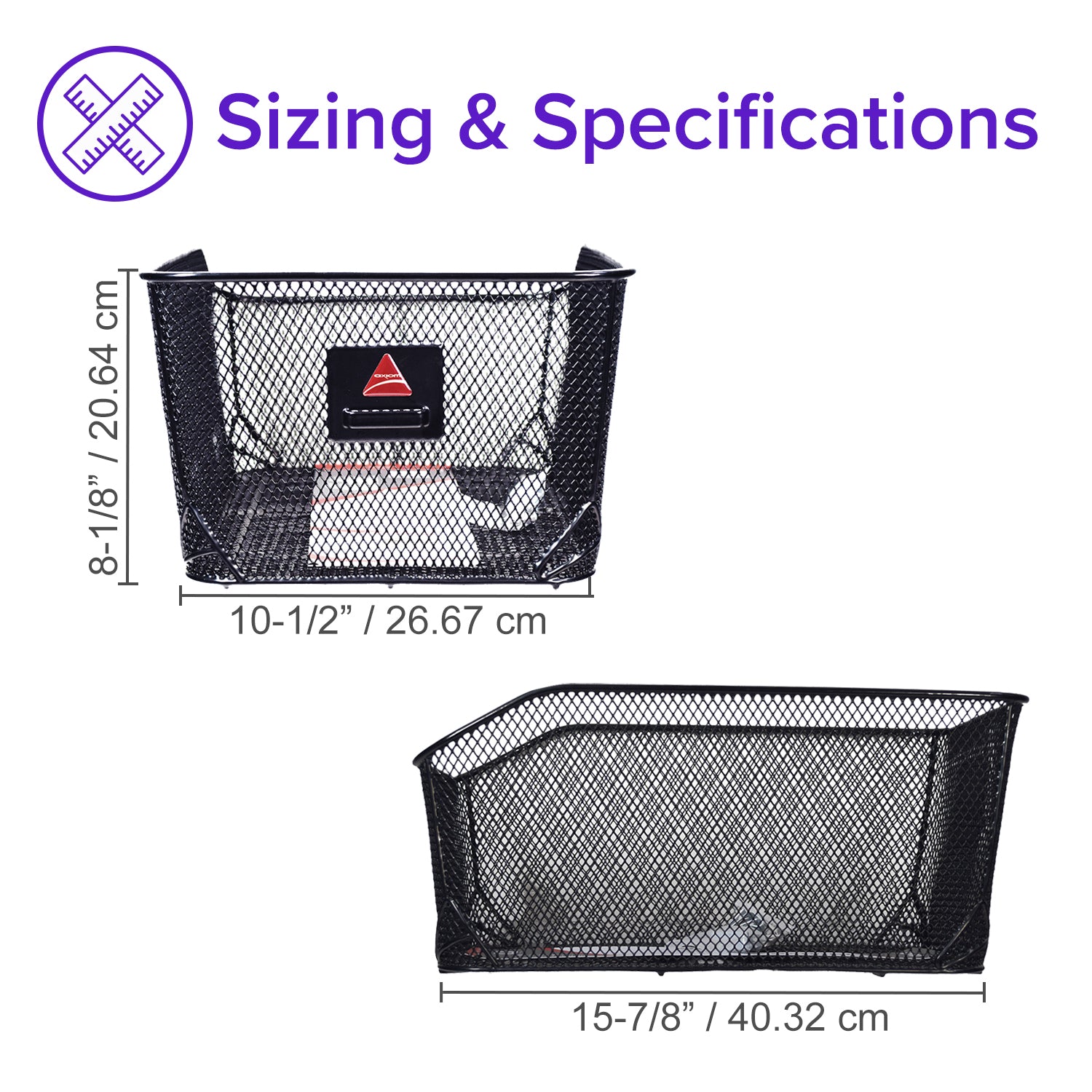 Market-Style Rear Basket for Bicycles (Axiom) - Black mesh basket with a red logo, vinyl-dipped steel wire mesh construction, mounts to rear bike rack, 55 lb. capacity, cut-away section for seat clearance.