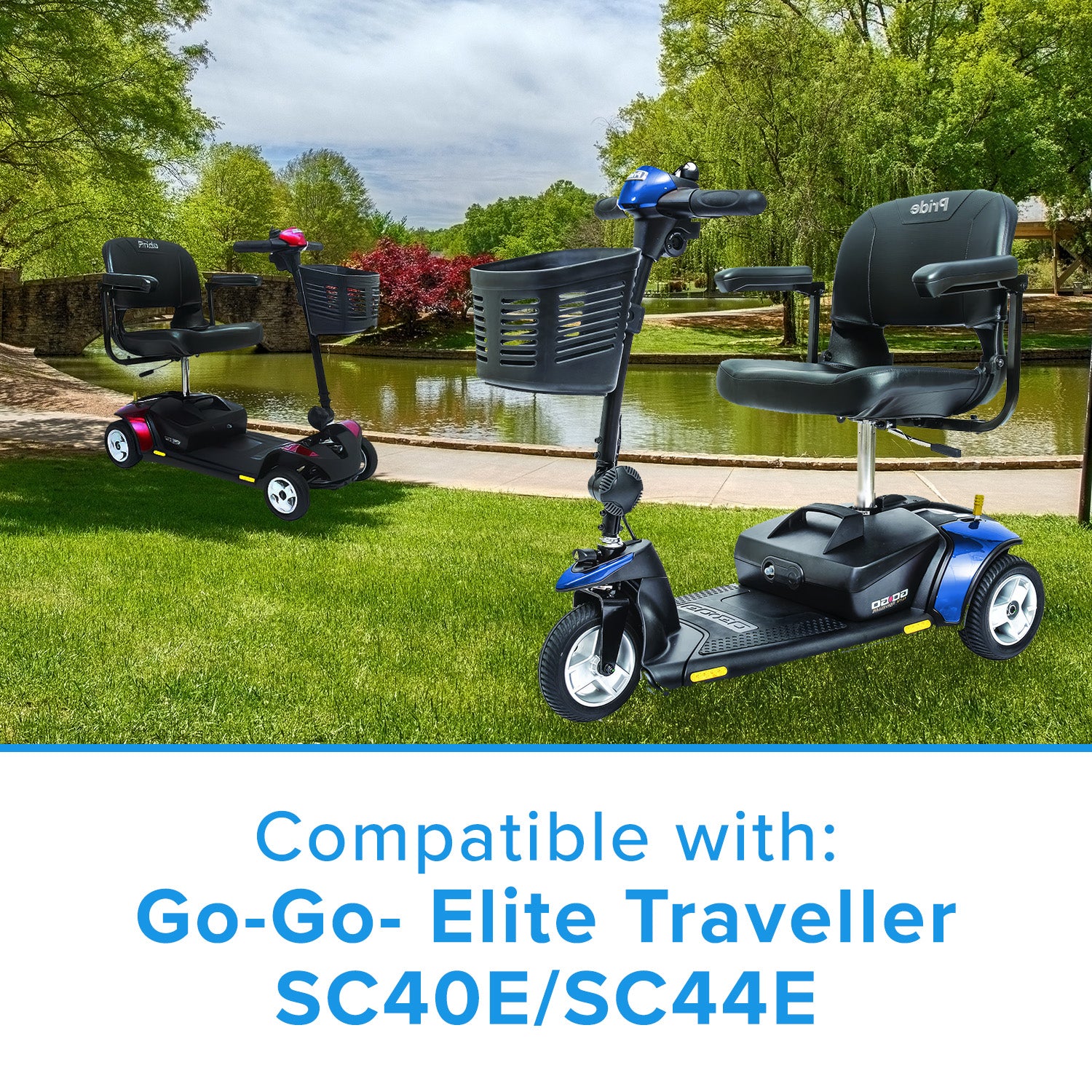 Standard Capacity Battery Box Assembly for the Go-Go Elite Traveller (SC40E/SC44E) placed on grass near a pond, featuring a black basket and wheels, ideal for quick battery replacement.