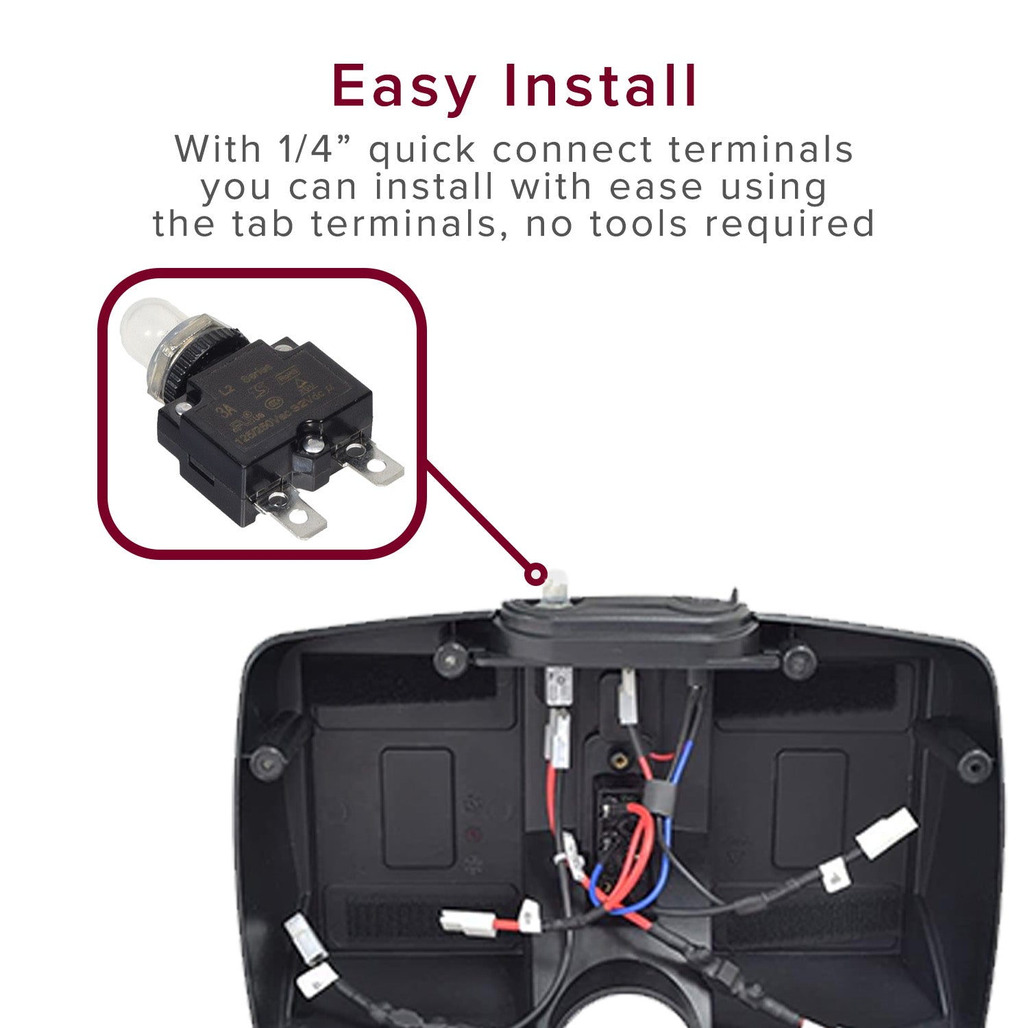 35 Amp (35A) 50VDC 125/250VAC Push-Button Reset Circuit Breaker with Metal Threaded Collar featuring a black box, wires, and a clear plastic boot cover attached to a light bulb.