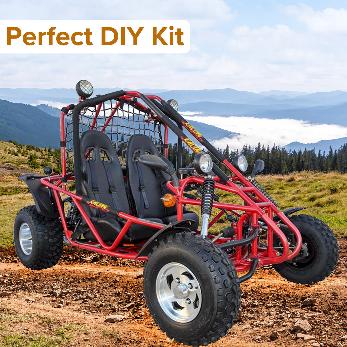 Brake Kit with Master Cylinder, Calipers, & Hoses for Go-Karts (Missing Parts) displayed on a red and black off-road buggy on a dirt road, highlighting the close-up of tires and brake components.