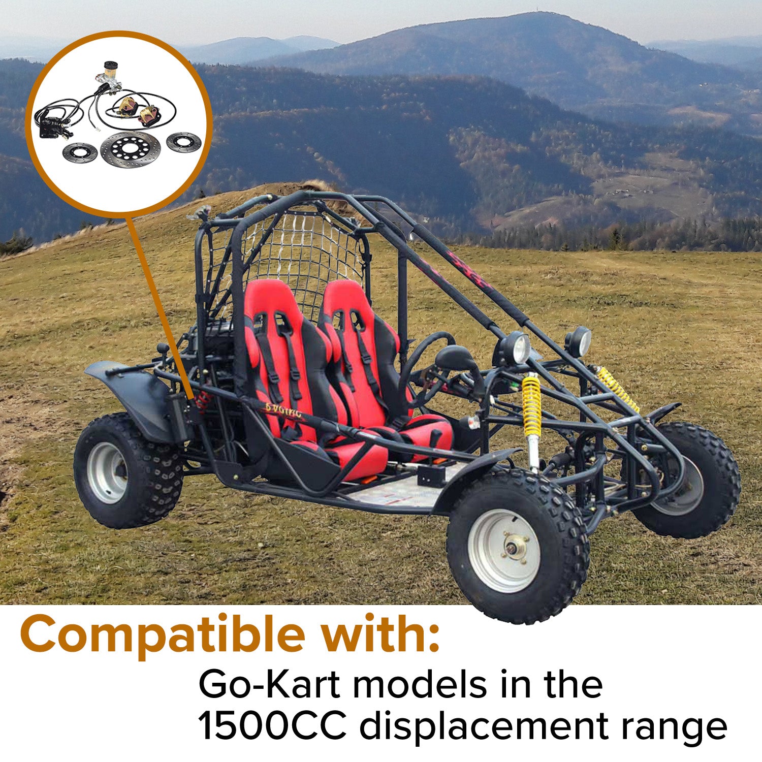 Brake Kit with Master Cylinder, Calipers, & Hoses for Go-Karts, shown close-up with red and black seats, tires, and metal components, on a grassy hill.