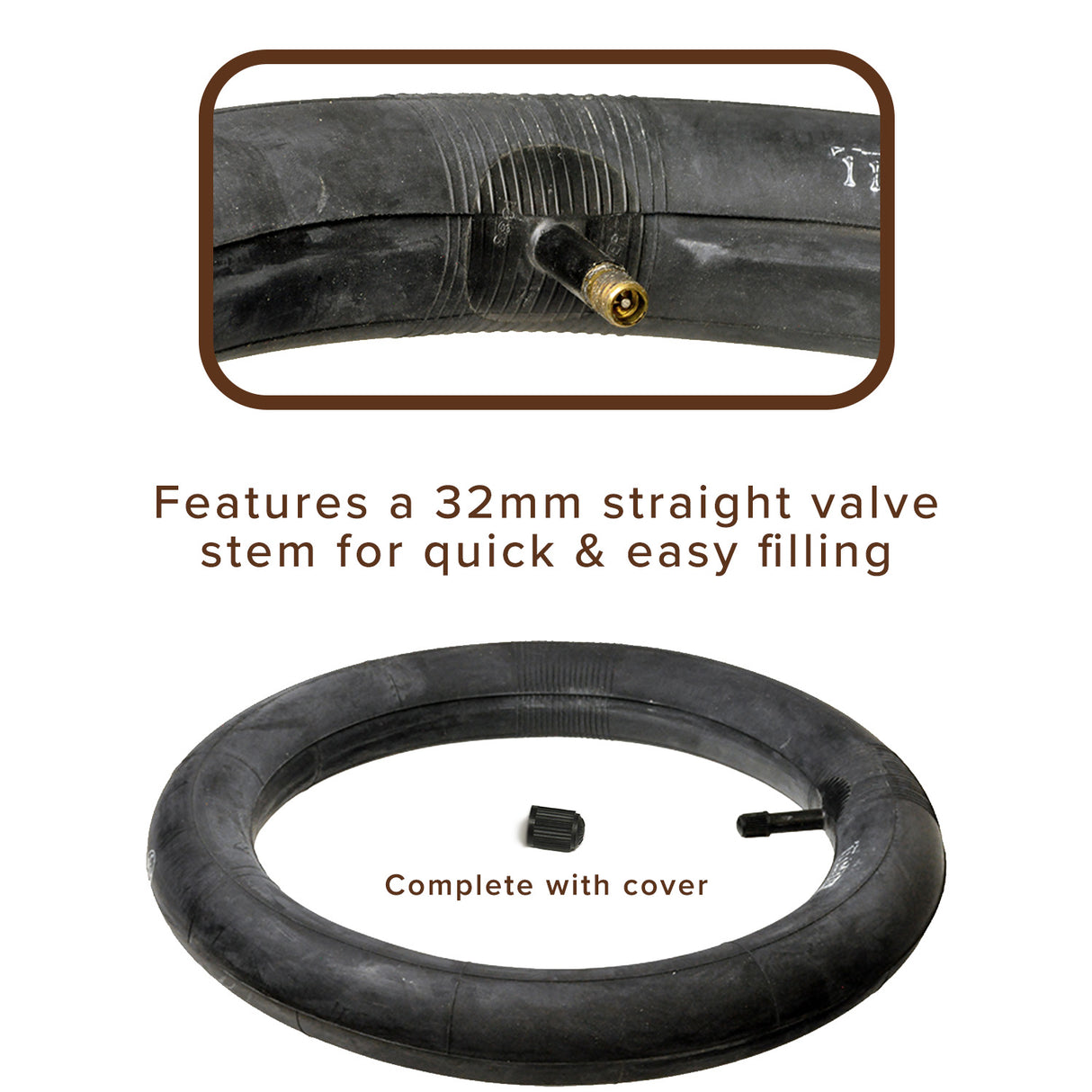 Close-up of a 12-1/2x2-1/4 Heavy-Duty Thorn Resistant Scooter Inner Tube with 32mm Straight Valve Stem, showcasing the thick rubber and gold connector.