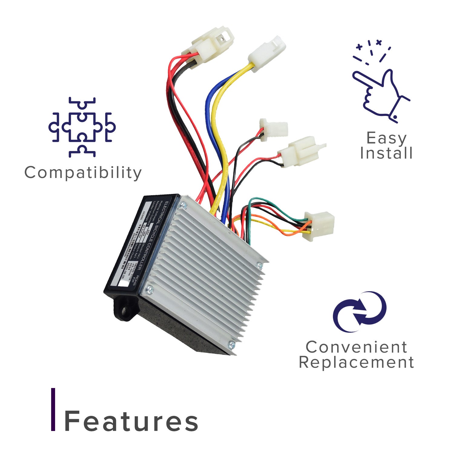 Close-up of the HB2430-TYD6 6-Wire Controller & Throttle Bundle for the Razor E300, Versions 1-10 and 12, featuring several colored wires with connectors and a detailed control module.