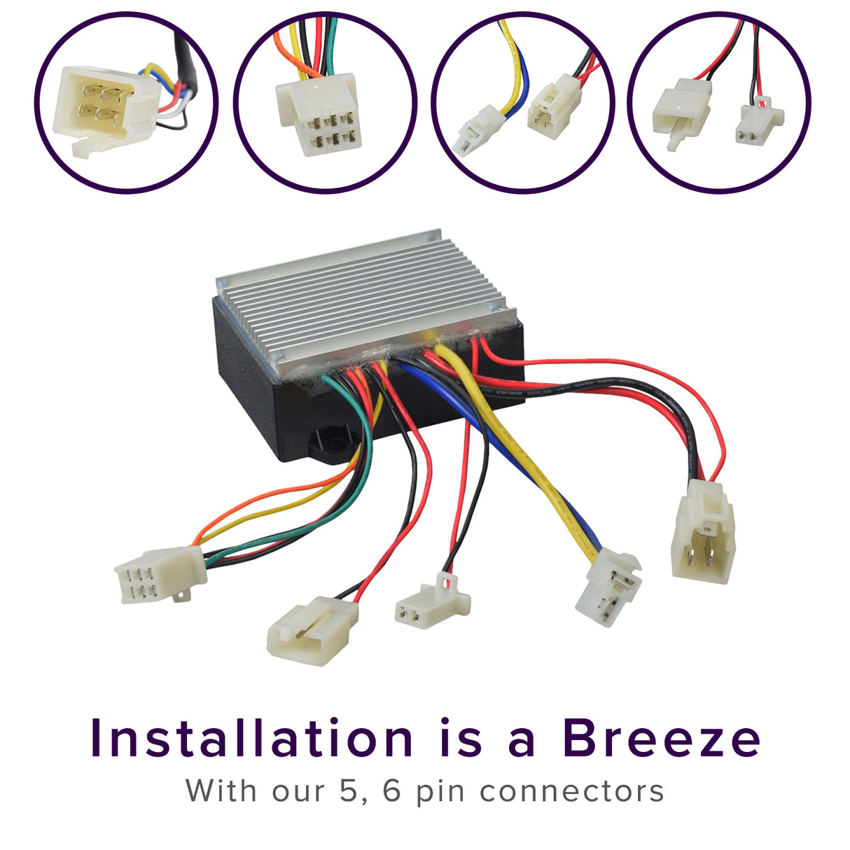 Close-up of the HB2430-TYD6-FS Control Module & 6-Wire Throttle Bundle for Razor MX350/MX400, Pocket Mod, and Pocket Rocket, showing wires, connectors, and electronic components.