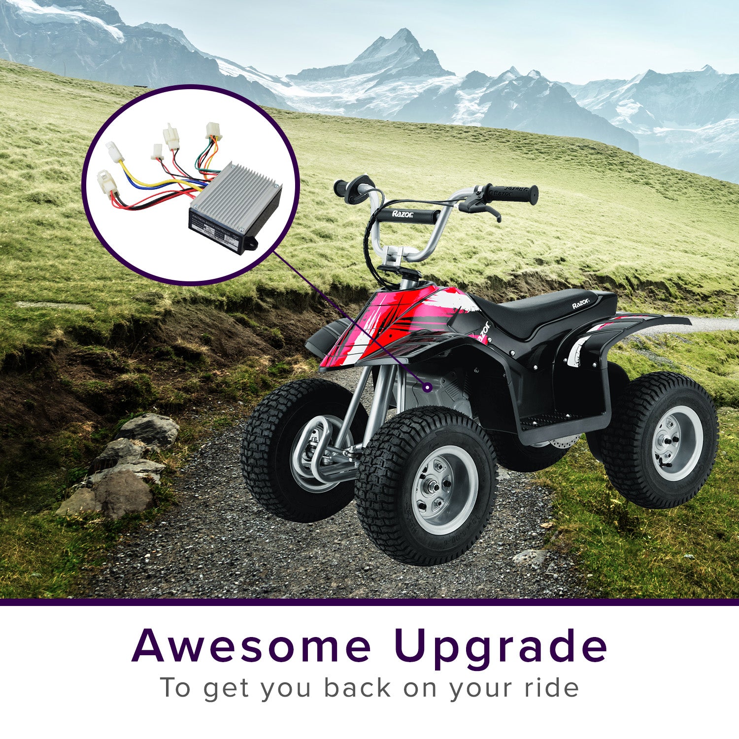 Razor Pocket Mod (Versions 1-7) 201C6-3A / HB2430TYD-FS Razor 6-Wire Throttle & Controller Bundle shown mounted on a black ATV on a dirt road, highlighting its robust integration and functionality.