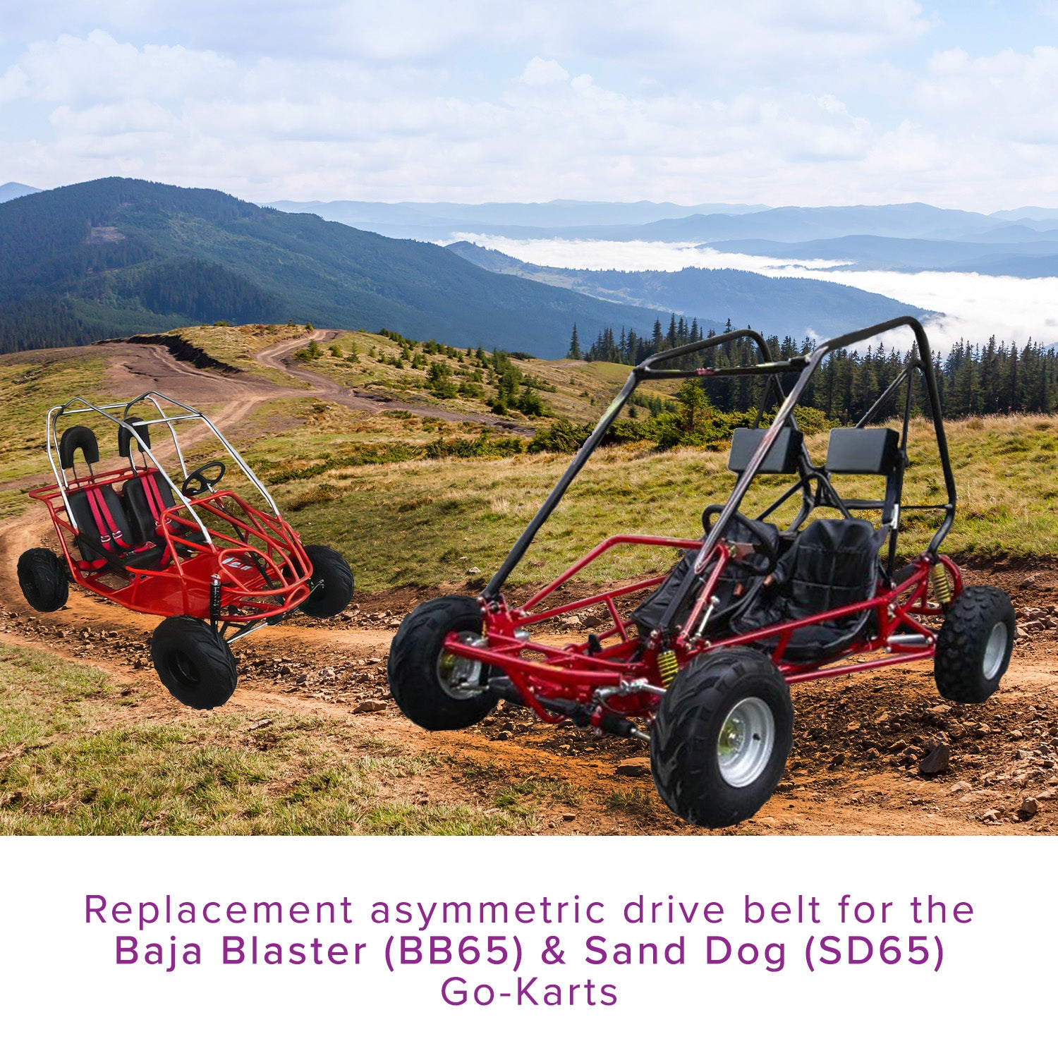 Drive Belt for the Baja Blaster (BB65) & Sand Dog (SD65) Go-Karts shown on a dirt hill with visible close-ups of wheels and tires, emphasizing the product's durable construction.