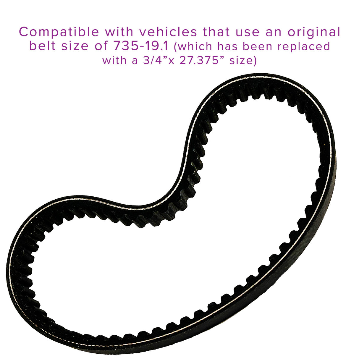 Drive Belt for the Baja Blaster (BB65) & Sand Dog (SD65) Go-Karts, featuring a curved design with visible purple text, suitable as a replacement for the original 735-19.1 belt.