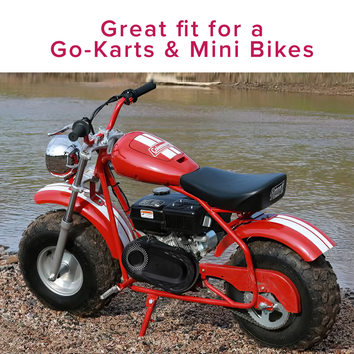 Plastic Torque Converter Clutch Cover for Go Karts & Mini Bikes displayed on a red motorcycle parked near water, emphasizing its protective function for the torque converter on 6.5 hp engines.