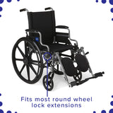 Black rubber tips for 5/8 round Invacare style wheelchair wheel lock extensions, set of 2, shown installed on a black wheelchair, highlighting their functionality in wheel lock engagement and disengagement.