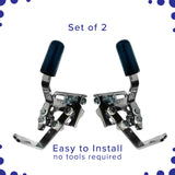 Black Rubber Tips for 5/8 Round Invacare Style Wheelchair Wheel Locks Extensions (Set of 2) featuring metal levers and blue handles, designed for easy engagement and disengagement of wheelchair wheel locks.