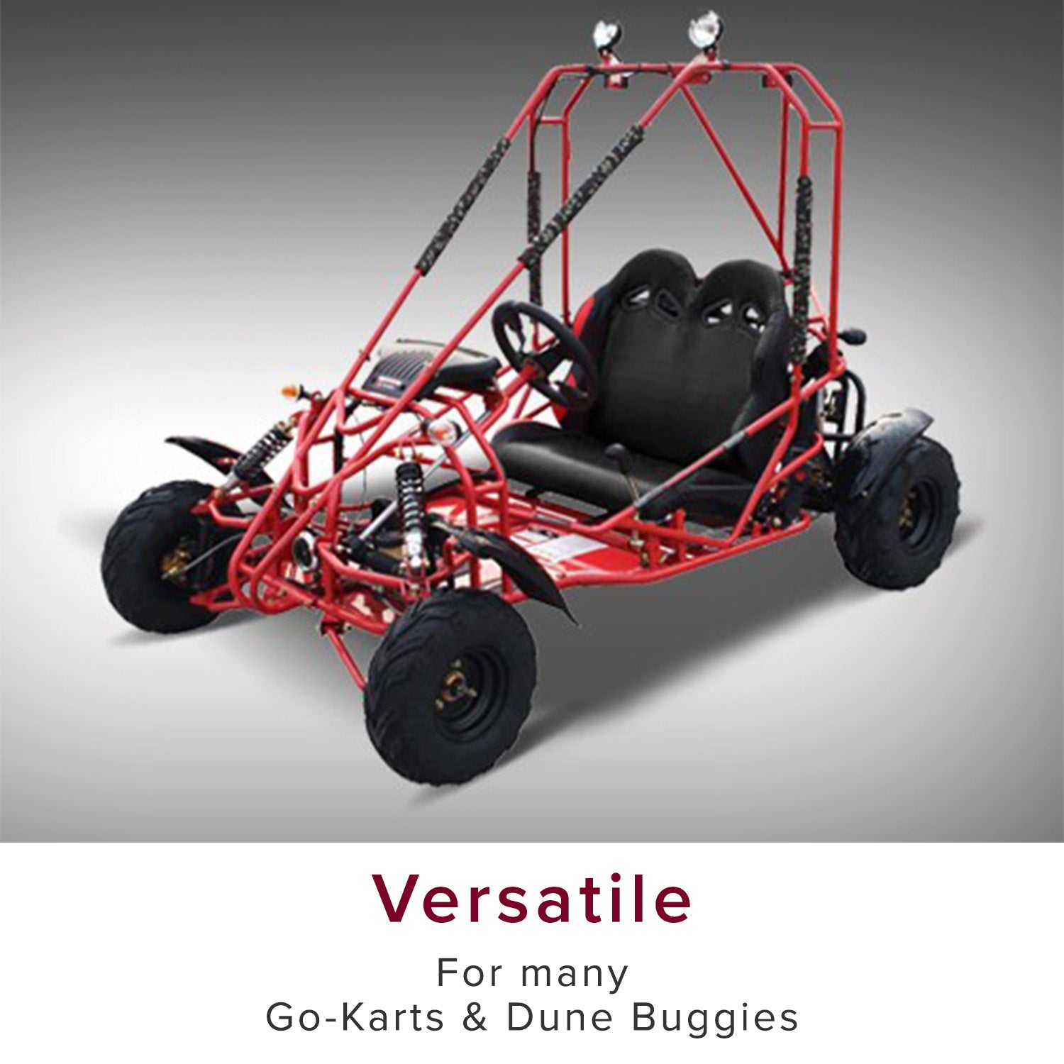 7-1/2 Battery Strap for Go-Karts & Dune Buggies, shown on a red go-kart with black seats, ensuring secure battery placement in the compartment.