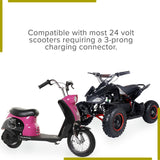 24 Volt 1.5 Amp 3-Prong Battery Charger for Razor scooters, featuring a compact, inline design with dual cords for flexible charging. Suitable for various 24-volt scooters with 3-prong connectors.