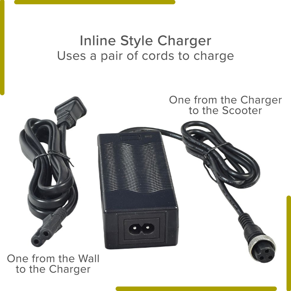 24 Volt 1.5 Amp 3-Prong Battery Charger with a black power cord and plug, designed for Razor scooters and other 24-volt scooters, featuring an inline charger and two attached cables.