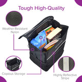 Soft Basket Tiller Bag for Mobility Scooters, featuring a zippered lid, mesh pockets, and filled with various items like books and a package. Made of durable black nylon with reflective safety tape.