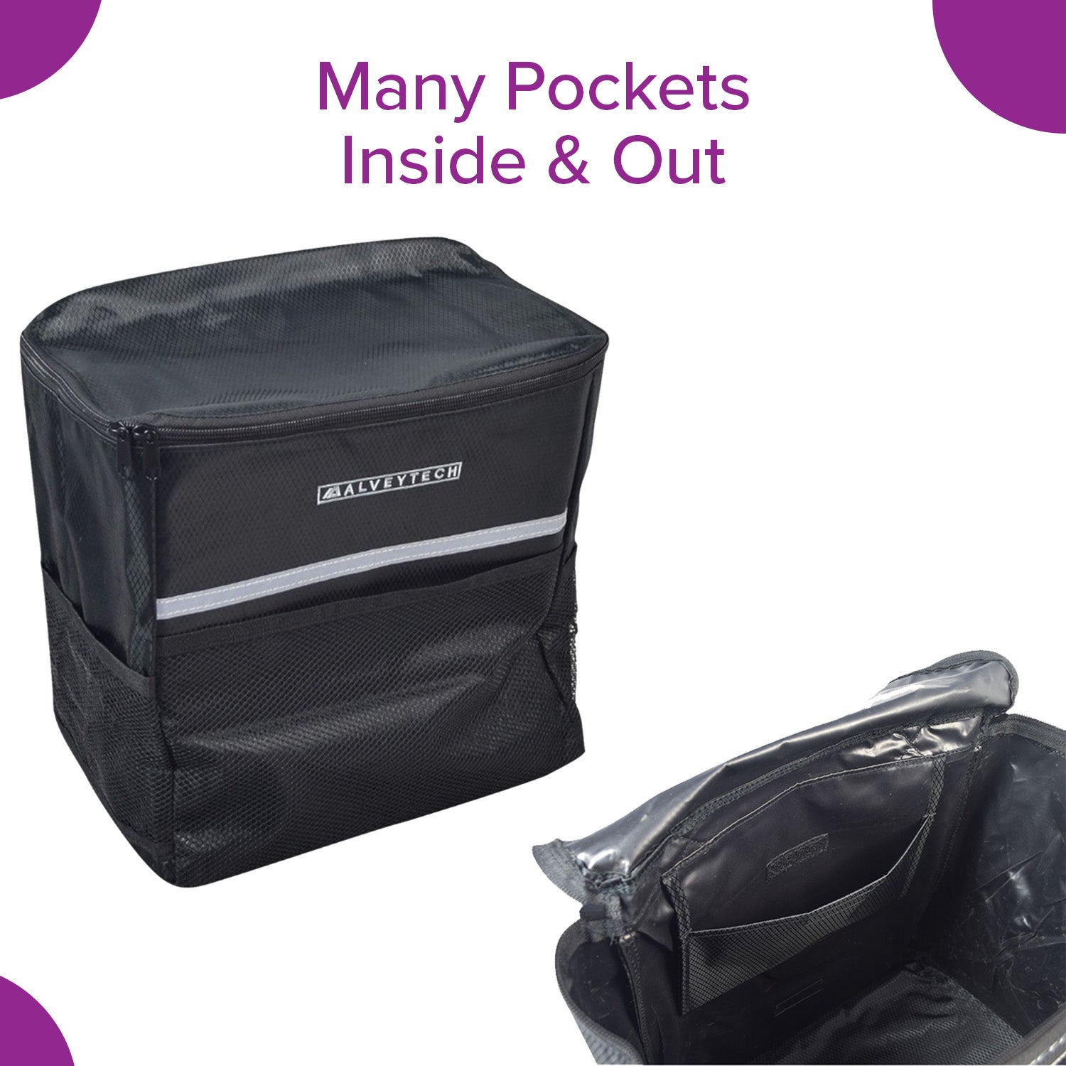 Soft Basket Tiller Bag for Mobility Scooters, featuring a spacious black design with a zippered lid, reflective safety tape, and exterior mesh pockets for additional storage.