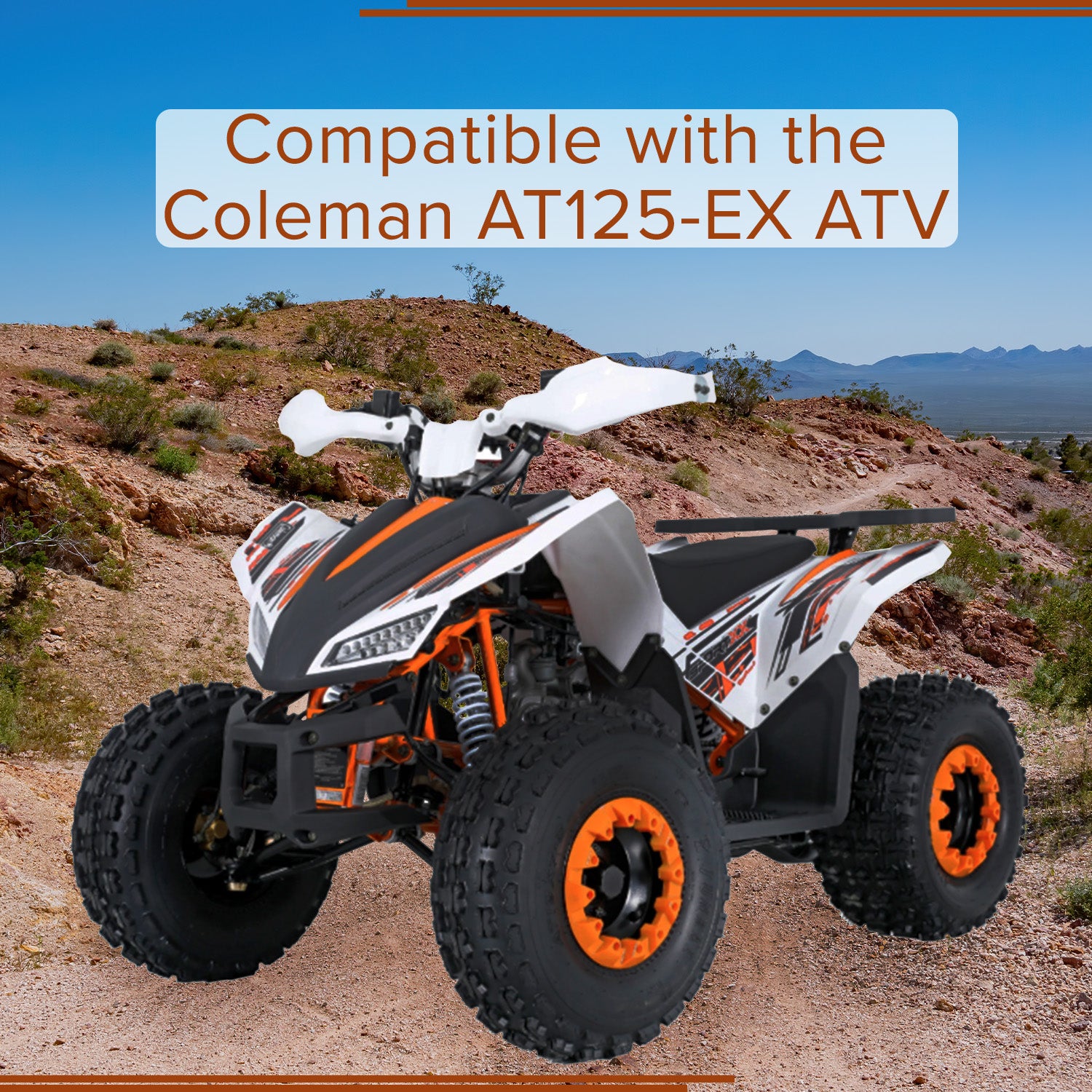 Cargo Rack Plastic Cover for Coleman AT125-EX ATV shown on a white and orange ATV positioned on a rocky hill, highlighting its fit over the steel cargo rack.