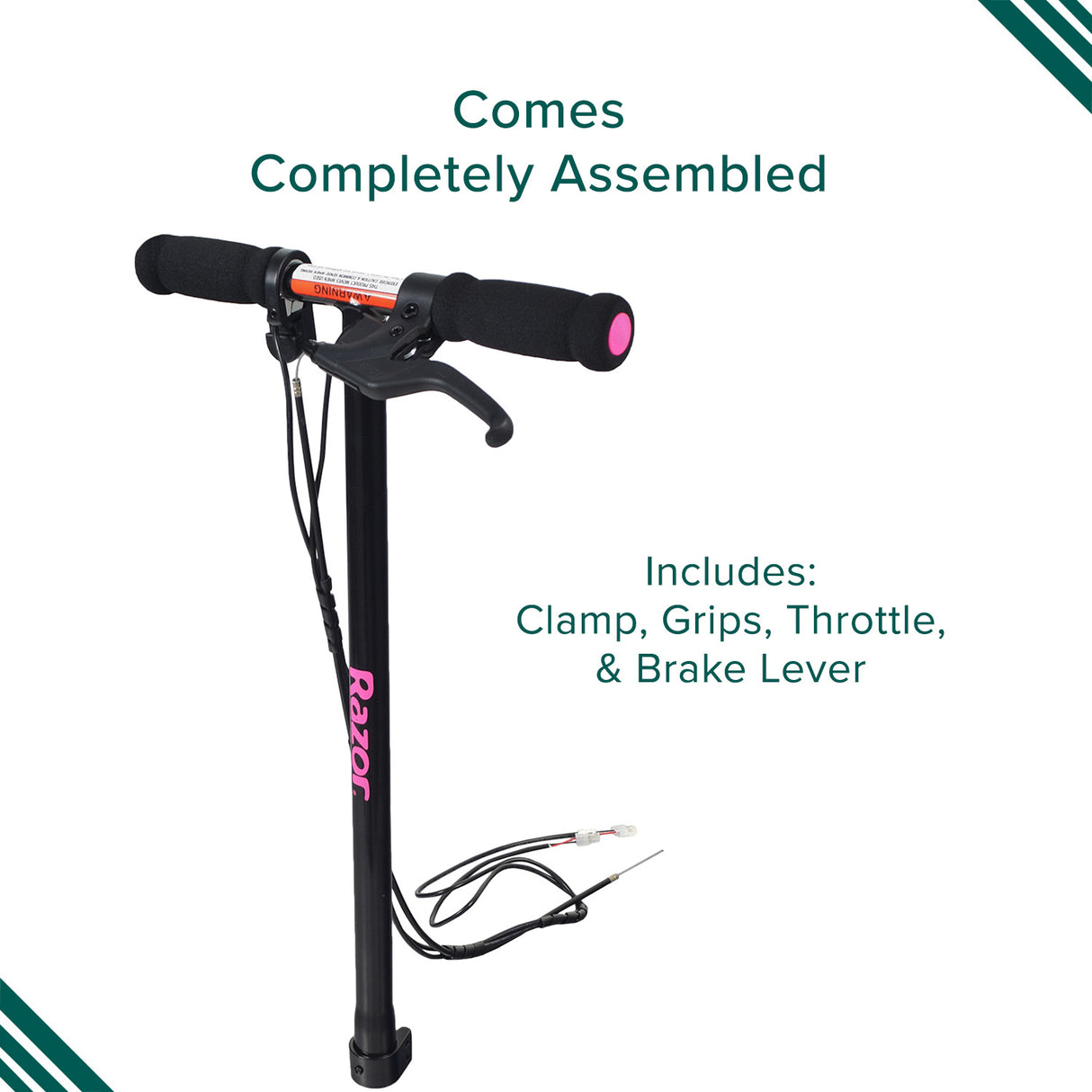 Black & Pink Handlebar Assembly for the Razor Power Core E90 (V2+) scooter, featuring a black handlebar with pink grips, a right-side electric throttle, left-side brake lever, and pink Razor logo.