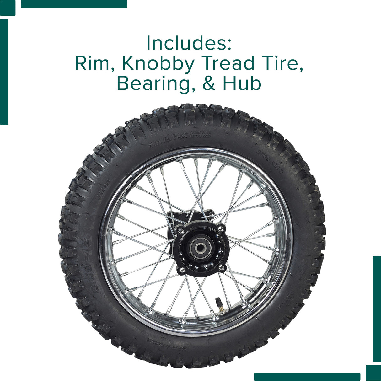 12 (3.00-12) Rear Rim & Tire Wheel Assembly for Dirt Bikes with Drum Brakes (Version 2) featuring a spoked rim, knobby tread tire, inner tube, hub, and bearing.