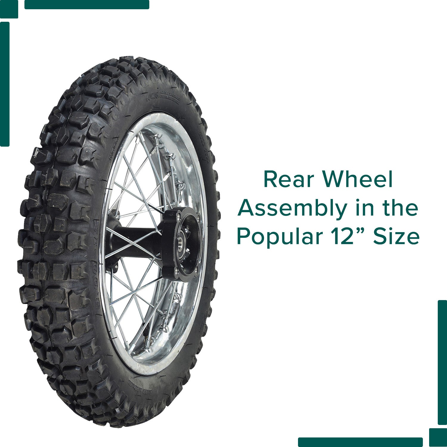 12 (3.00-12) Rear Rim & Tire Wheel Assembly for Dirt Bikes with Drum Brakes (Version 2), featuring a knobby tread tire, spoked rim, inner tube, hub, and bearing for Chinese-made dirt bikes.