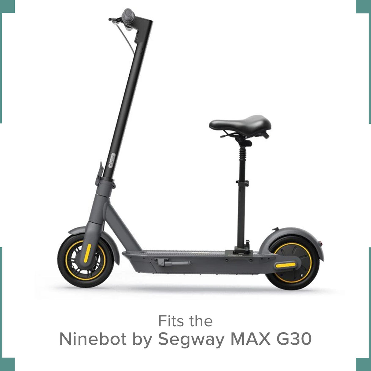 Seat with Mounting Post for the Ninebot MAX G30 Scooter, featuring a padded seat and adjustable post with shock absorber, attached to a black scooter.