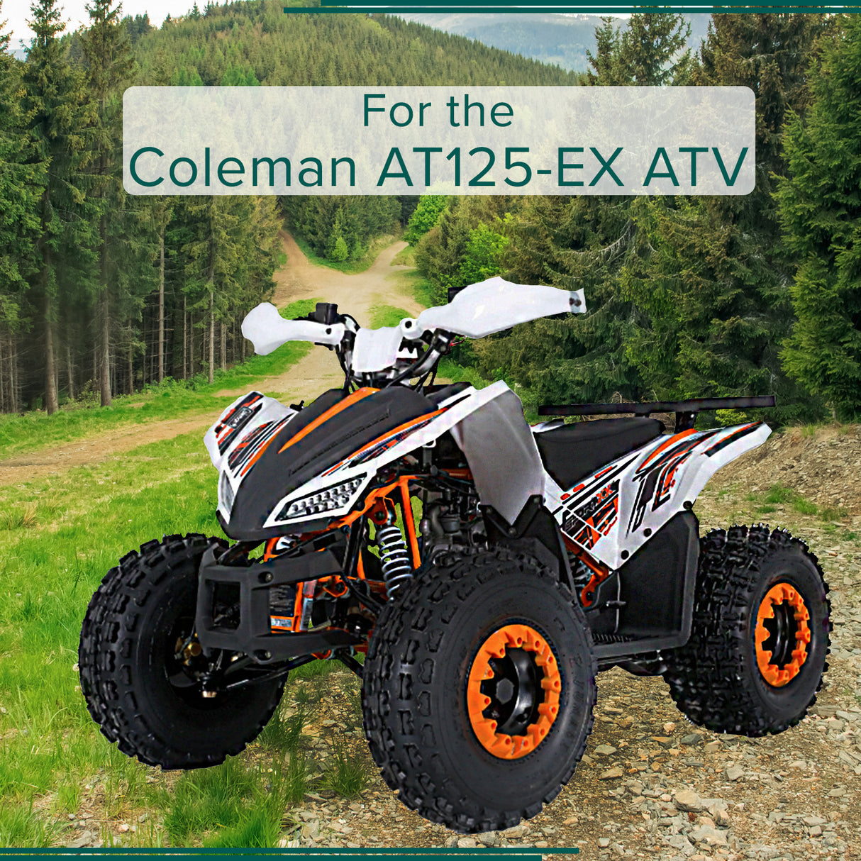 Front Bumper Guard for the Coleman AT125-EX ATV, a black plastic grille, mounted on an ATV, shown on a dirt road with trees in the background.