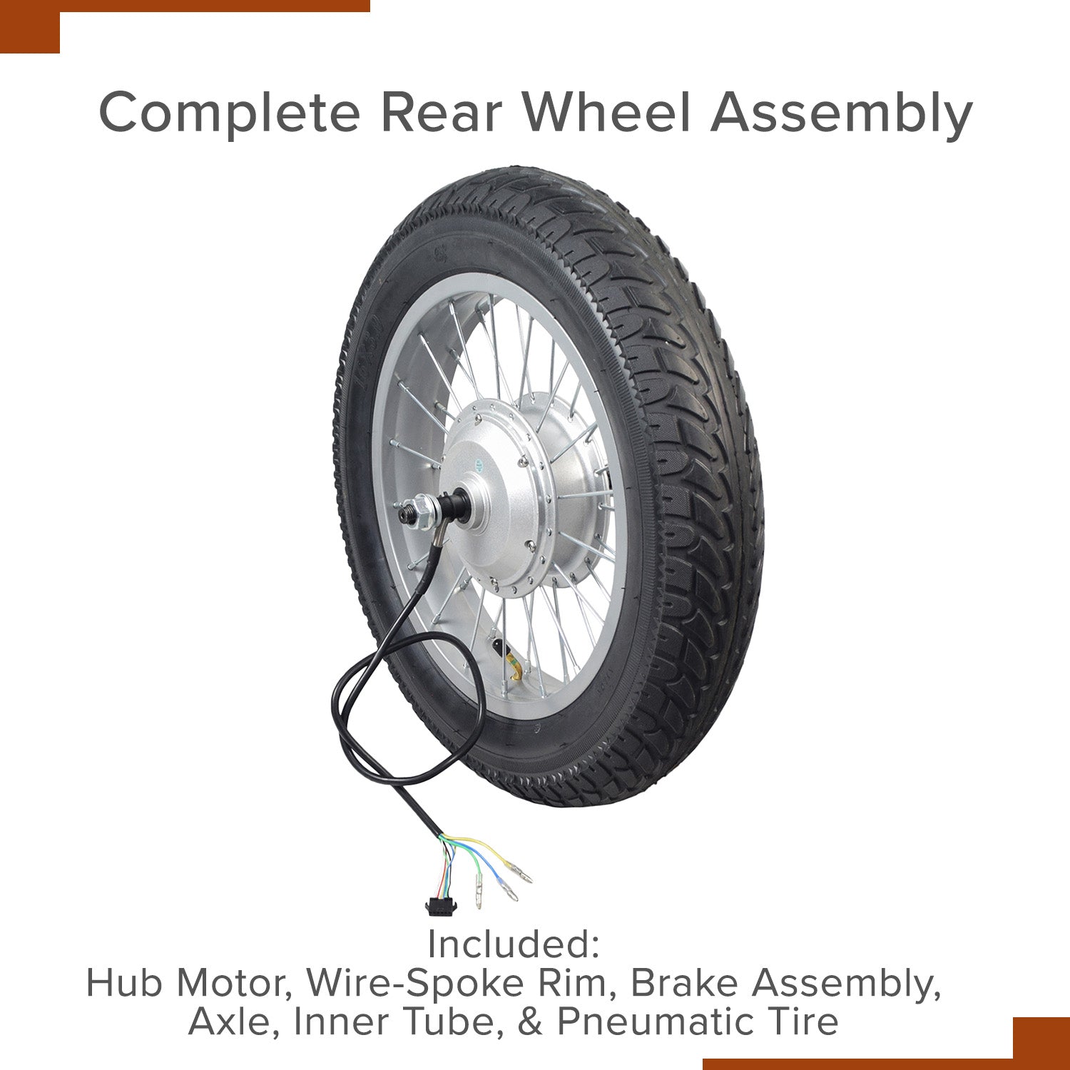 Rear Wheel Assembly with 36 Volt Hub Motor for the Razor Rambler 16 Electric Mini Bike (Version 1+), showcasing the hub motor, wire-spoke rim, brake assembly, and 16x3.55 pneumatic tire.