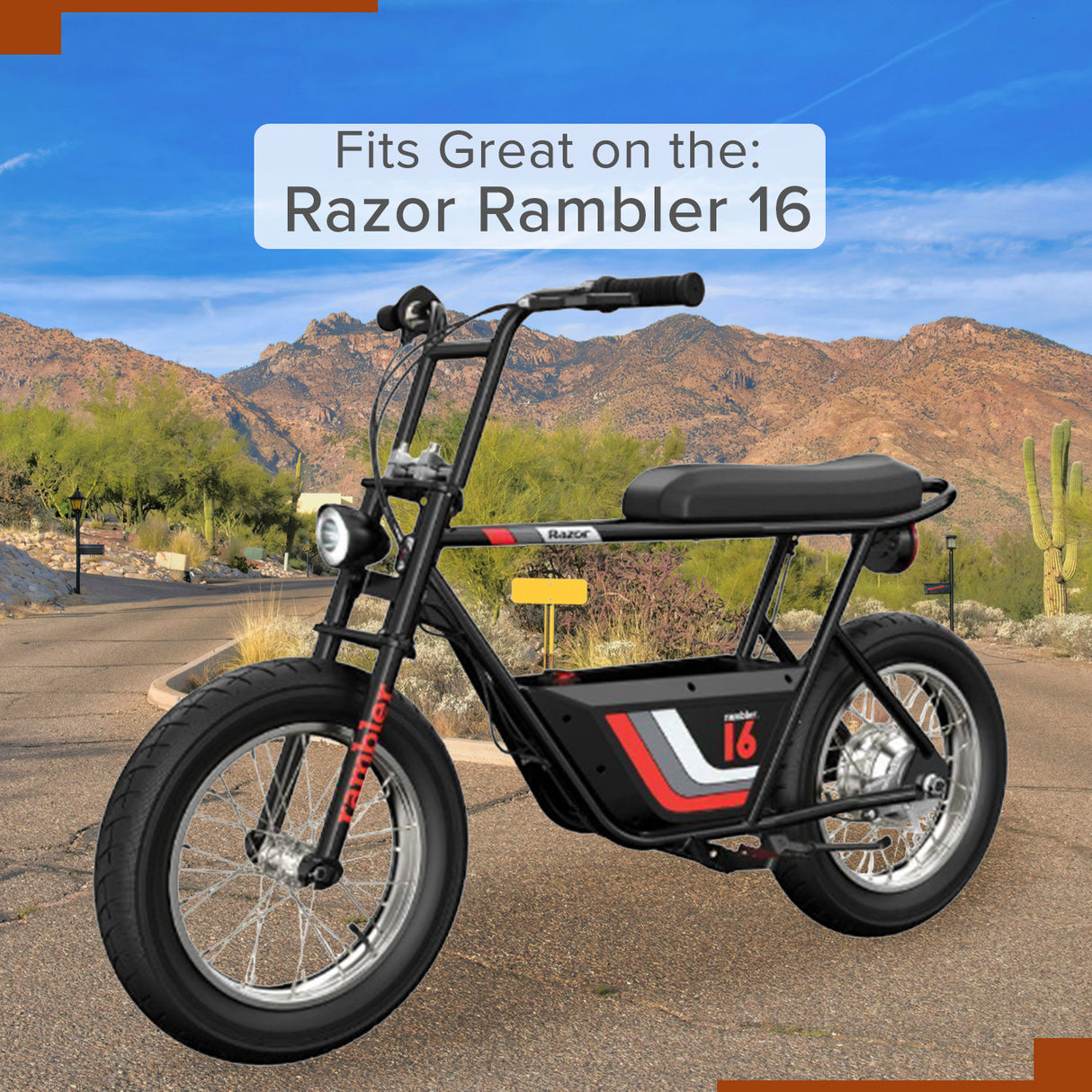 Rear Wheel Assembly with 36 Volt Hub Motor for the Razor Rambler 16 Electric Mini Bike (Version 1+), showcasing the hub motor, wire-spoke rim, brake assembly, axle, inner tube, and 16x3.55 pneumatic tire.